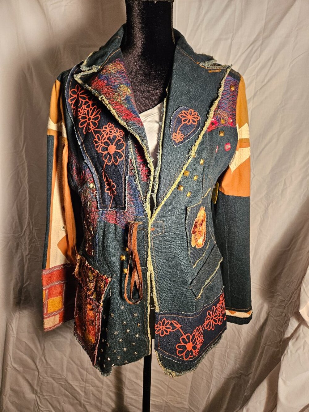 Fabulous Sandy Starkman Patchwork Embellished Denim Jean Jacket Sz L Large